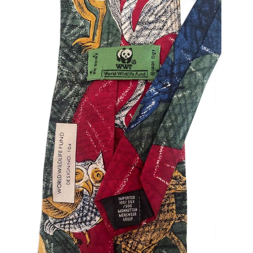Vintage '91 World Wildlife Fund Silk Animal Tie Lion Owl Crane 4" Blade Retro - Picture 3 of 7